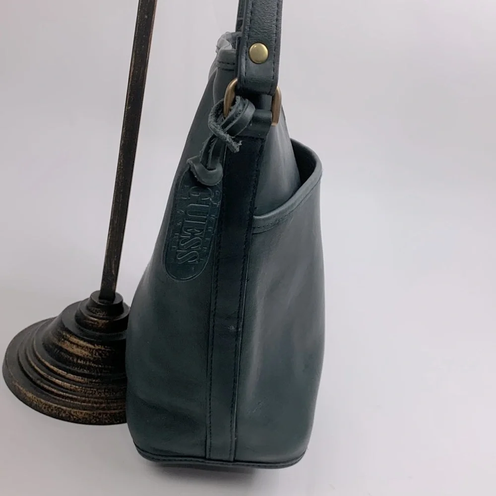 Guess Vintage Shoulder Bag Zip Close Pocket Dark Gray Black Genuine Leather